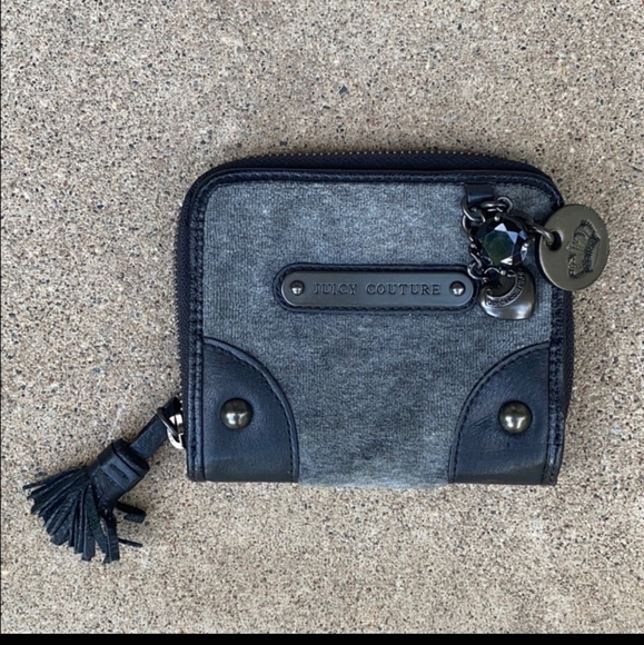 Juicy Couture Handbags - Zip wallet like new Juicy Couture Grey Black Blue Charms Tassle Y2k